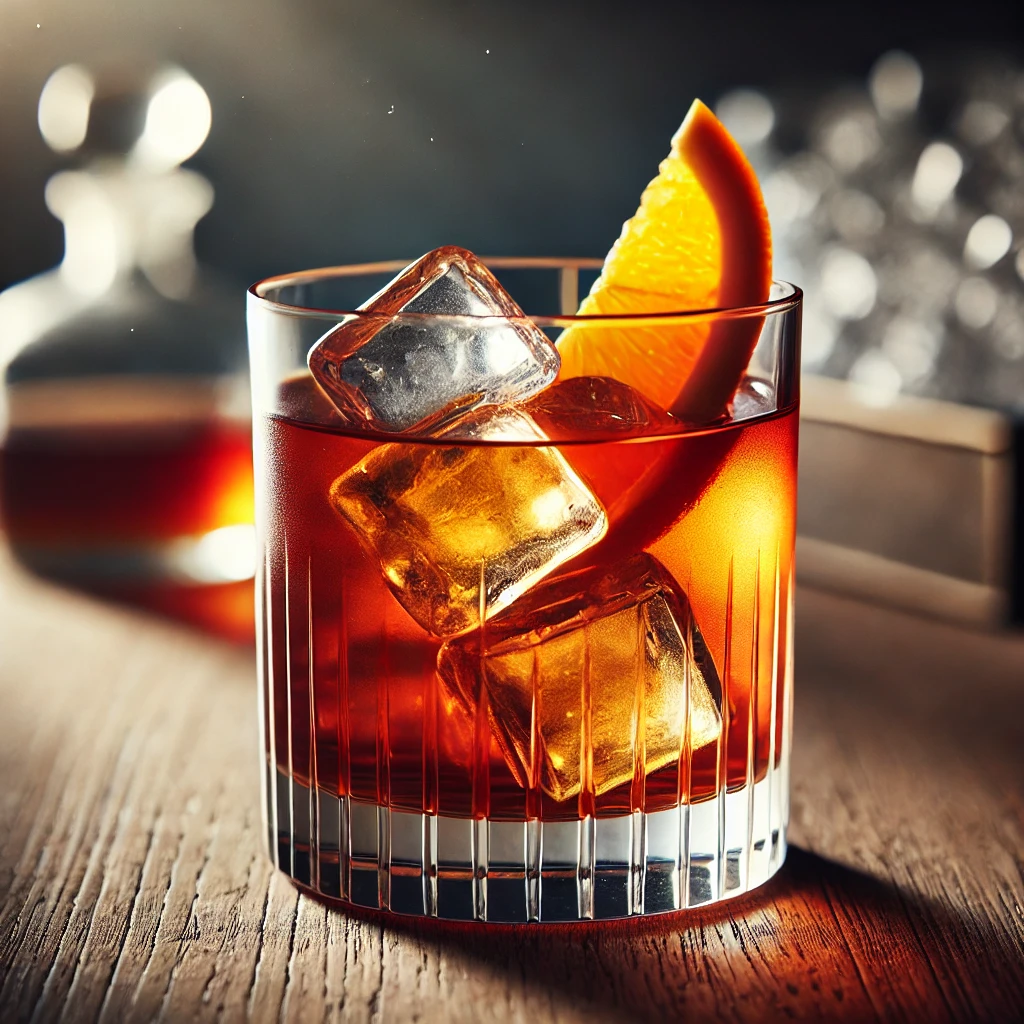 A photograph of a Boulevardier cocktail in a lowball glass with fresh ice, garnished with an orange twist. The background is elegant with a wooden ton