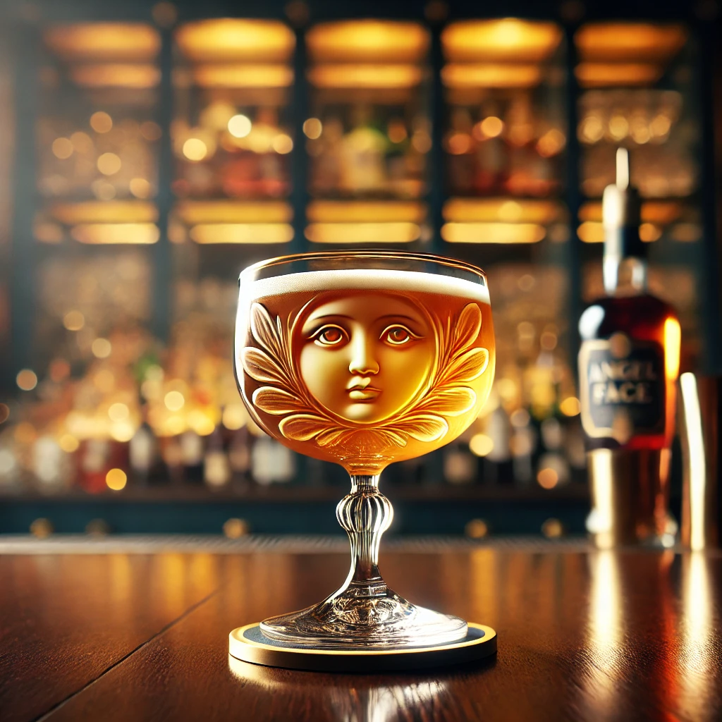 Um copo de coquetel elegante, preenchido com um Angel Face de cor âmbar.