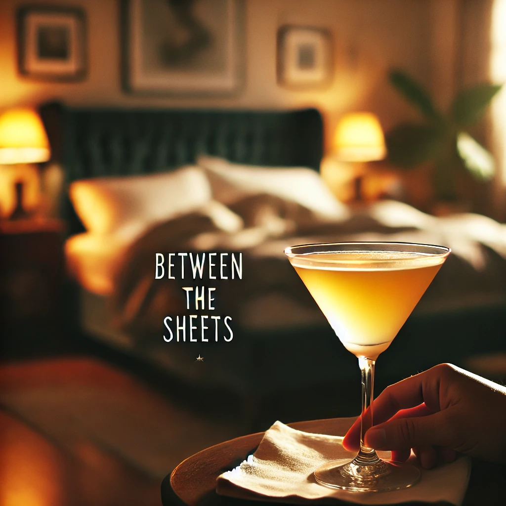 A Between the Sheets cocktail in focus, served in a chilled cocktail glass. The drink has a soft golden color. In the background, there is a bedroom