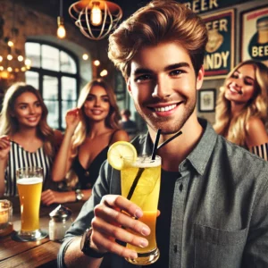DALL·E-2024-06-27-16.10.29-A-trendy-young-man-enjoying-a-Shandy-cocktail-in-a-cozy-pub-setting.-He-is-surrounded-by-several-happy-women-all-dressed-stylishly-and-enjoying-their