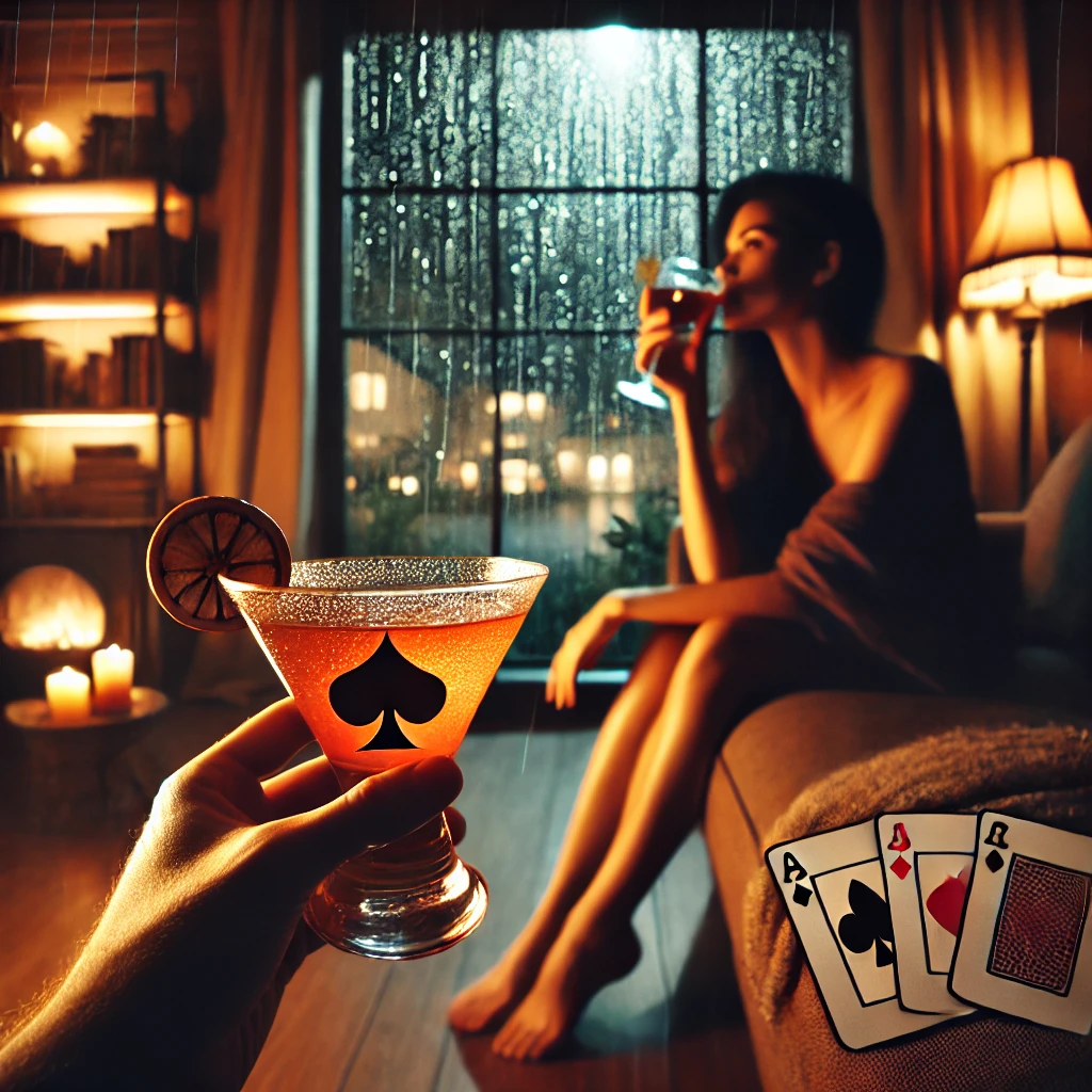 casino-casal A cozy night scene with rain falling outside the window. A person is sitting comfortably at home, holding a Casino cocktail in one hand.