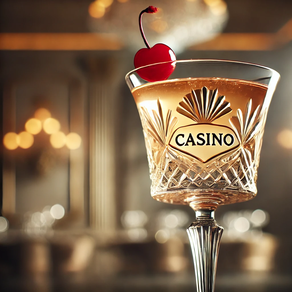 A sophisticated cocktail drink called Casino, served in an elegant cocktail glass. The drink is translucent with a soft color, garnished with a Marasc