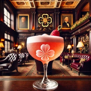 clover club cocktail A close-up of a Clover Club cocktail in an elegant coupe glass, with a pink, frothy top and a raspberry garnish.