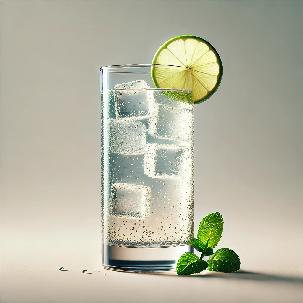 copo-highball um copo Highball preenchido com um coquetel refrescante. O copo é alto e esbelto, destacando a bebida clara e borbulhante, decorada com uma fatia de limão e um ramo de hortelã