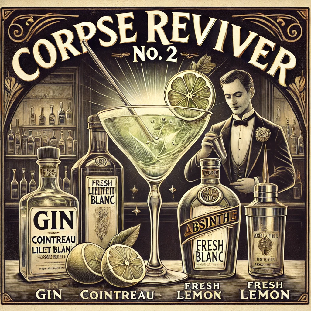 a ilustração no estilo vintage do Corpse Reviver No. 2.