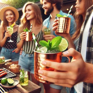DALL·E-2024-06-28-11.07.22-A-photorealistic-image-of-young-trendy-people-enjoying-cocktails-at-a-barbecue.-They-are-holding-copper-mugs-filled-with-a-refreshing-drink-garnished