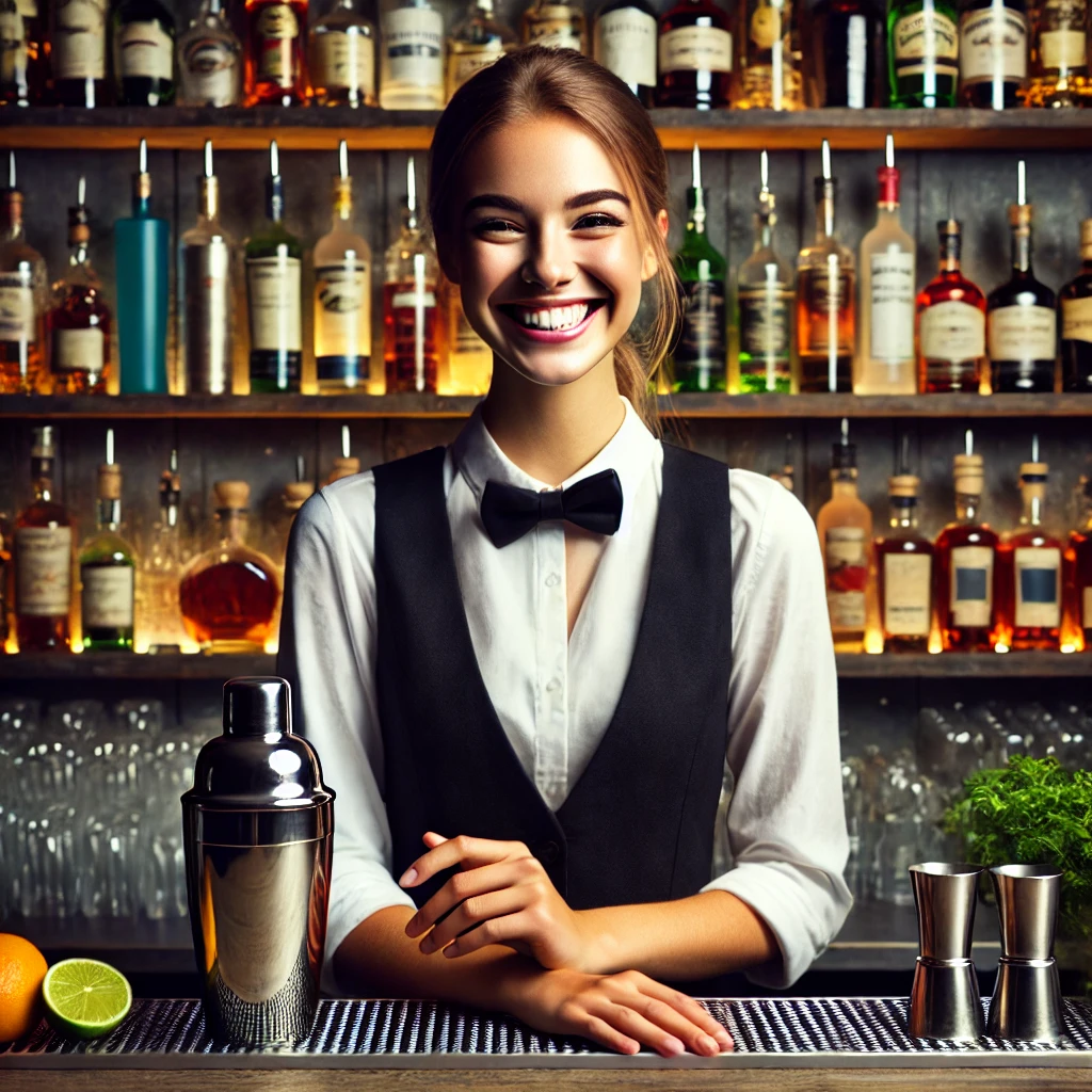 happy-bartender a happy female bartender standing behind a bar. She is smiling brightly and holding a cocktail shaker.