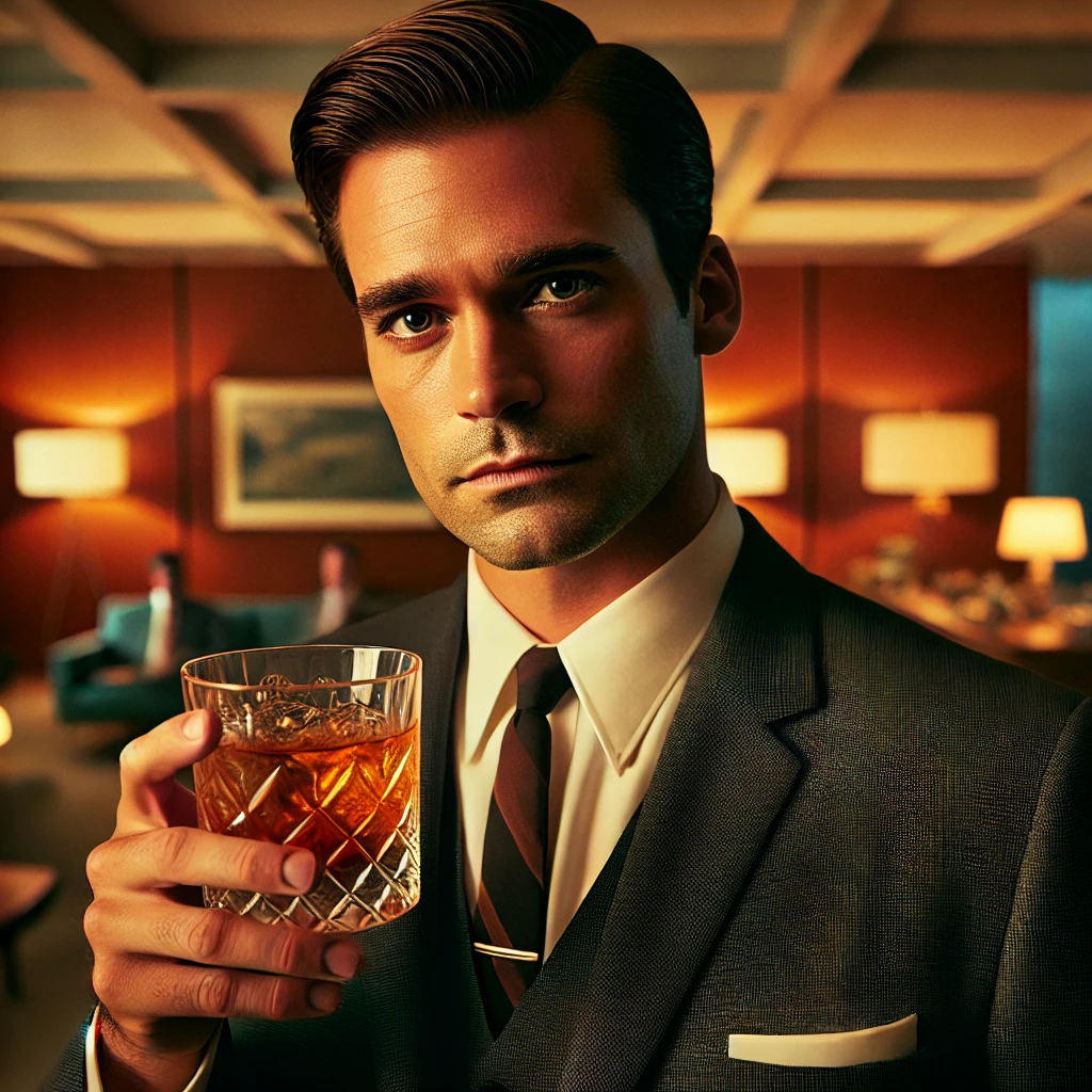 homem-elegante-boulevardier A photograph of a man in the style of Don Draper from 'Mad Men', holding an old-fashioned glass with a Boulevardier cocktail. He is in a sophisticated
