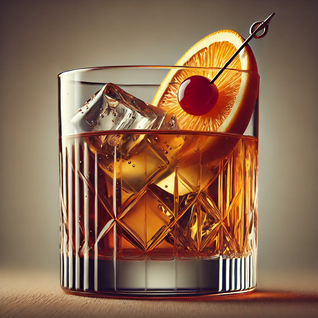 old-fashioned A detailed, high-resolution image of an Old Fashioned glass filled with an Old Fashioned cocktail. The glass should be sturdy with thick walls