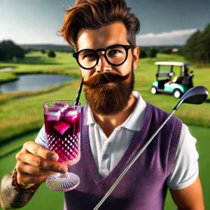 DALL·E-2024-06-27-16.49.07-A-trendy-hipster-golfer-enjoying-a-Transfusion-cocktail-in-a-tall-glass-with-ice-cubes-featuring-a-vibrant-purple-color-from-the-grape-juice.-The-gol