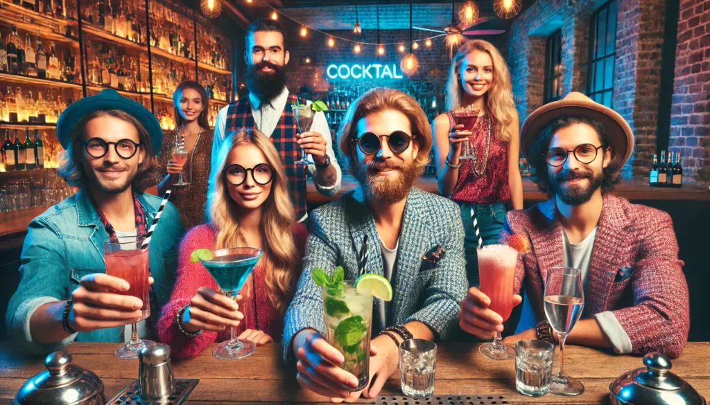 varias-tacas um grupo de hipsters em um bar com varios tipos de taças, cada um segurando um tipo diferente de taça de coquetel. A cena é divertida e envolvente, com hipsters vestindo roupas estilizadas e ecléticas, e um fundo com paredes de tijolos expostos, iluminação ambiente e um bar bem abastecido.