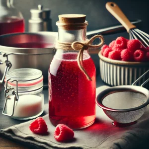 DALL·E-2024-06-27-12.33.22-A-vibrant-and-detailed-image-showing-homemade-raspberry-syrup-in-a-glass-bottle.-The-syrup-is-a-rich-red-color-with-fresh-raspberries-and-a-jar-of-su
