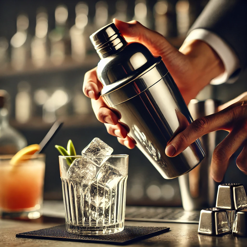 a metallic shaker on a bar counter