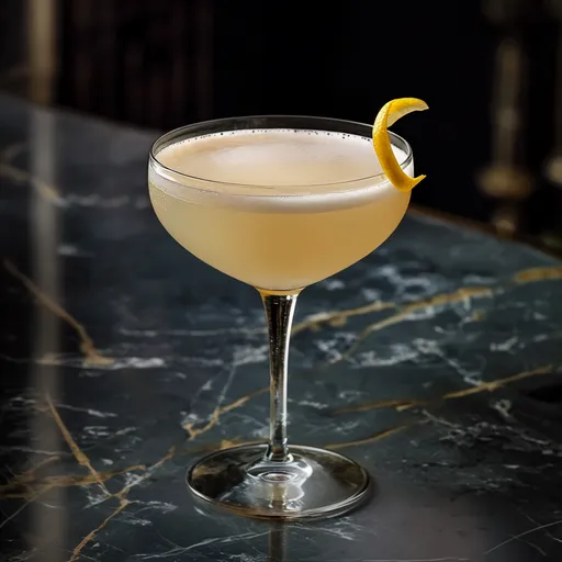 Corpse Reviver n.2: Uma Bebida Que Desafia a Morte Uma elegante taça de cristal contendo um líquido dourado e brilhante, decorada com uma fatia de limão, sobre uma superfície de mármore escuro.
