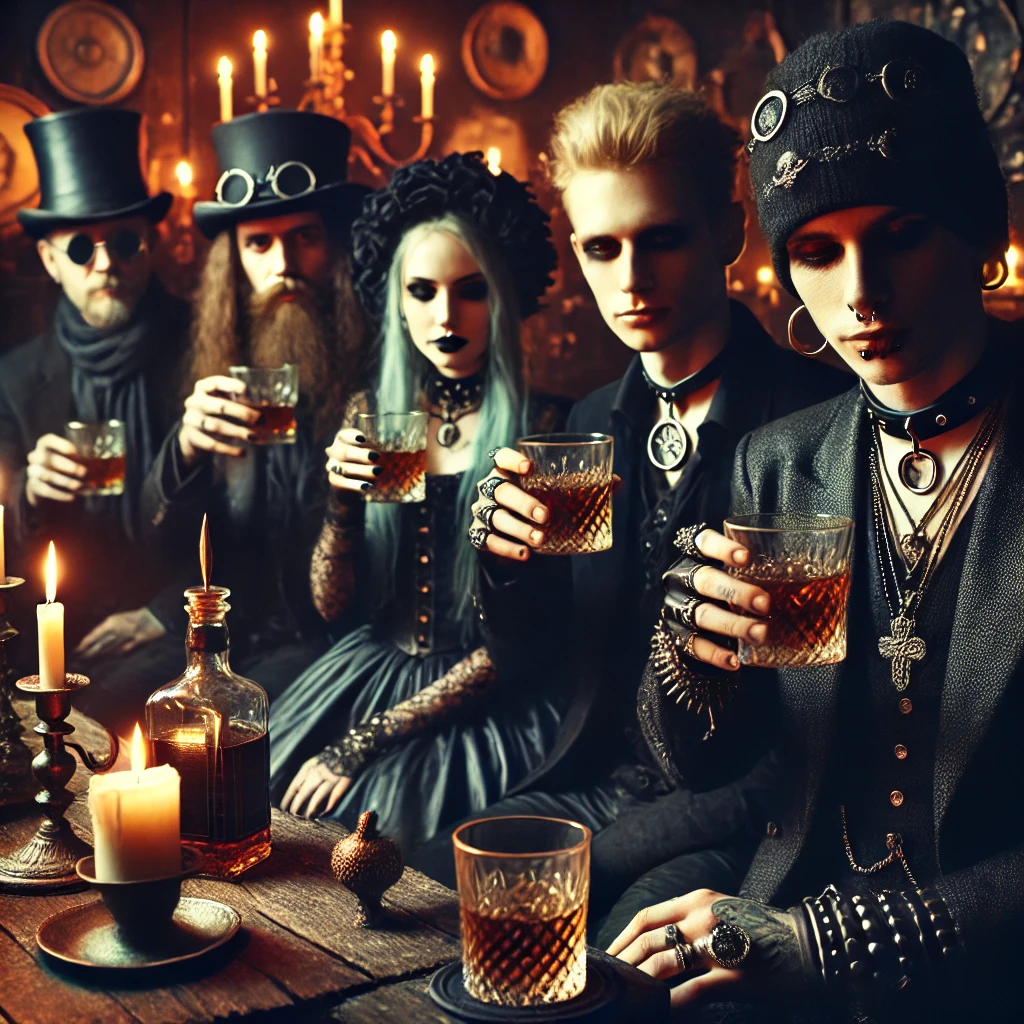 goticos-bebem-uisque Nesta imagem, um grupo pertencente à subcultura gótica desfruta de uísque em um bar de ambiente escuro e misterioso. Os indivíduos estão vestidos com roupas típicas do estilo gótico, usando muito preto, couro e acessórios metálicos. A iluminação é suave, proporcionada por velas, criando uma atmosfera enigmática. A decoração vintage do bar complementa o visual, refletindo a personalidade única dos apreciadores de uísque