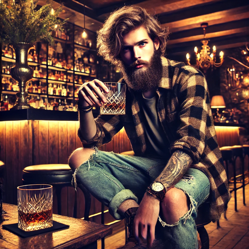 grunge-bebendo-uisque A grunge-styled person with a snobbish expression, wearing typical grunge clothing like a flannel shirt, ripped jeans, and boots