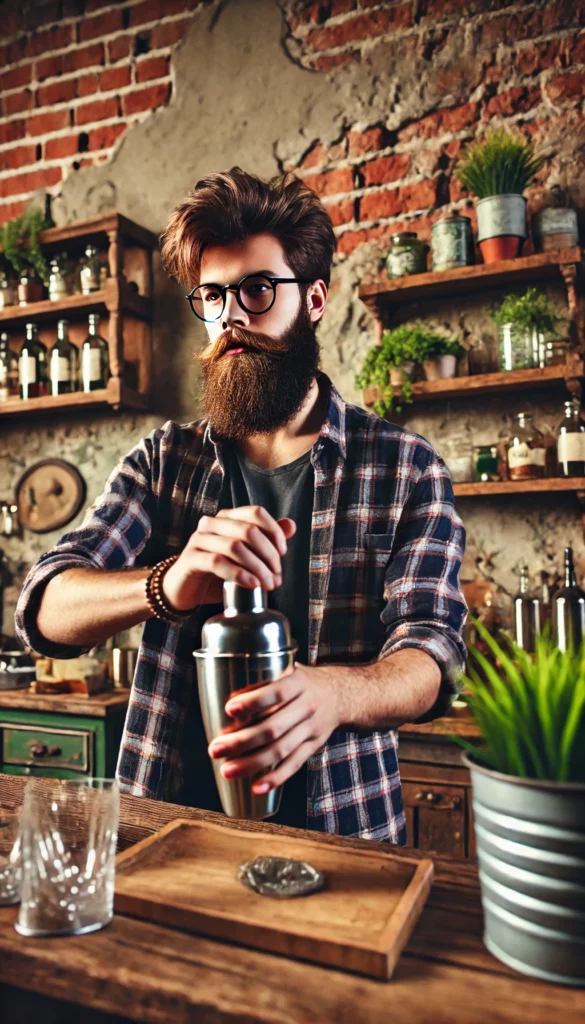 hipster-agita-shaker A hipster with a beard and glasses, wearing a plaid shirt, shaking a cocktail shaker in a trendy, rustic kitchen with exposed brick walls and wooden