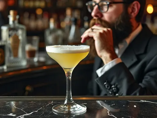 O Corpse Reviver n.2: Quando a Tradição e a Inovação se Encontram Uma taça de cristal contendo um líquido dourado brilhante, decorada com uma fatia de limão, em primeiro plano, com um barman vestido formalmente em segundo plano, parecendo contemplar a bebida com atenção.