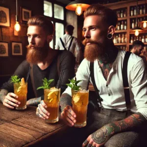 hipster bebem gengibre Modelos hipsters tatuados e barbudos em um bar vintage, interagindo e bebendo ginger beer em copos altos com gengibre e hortelã.