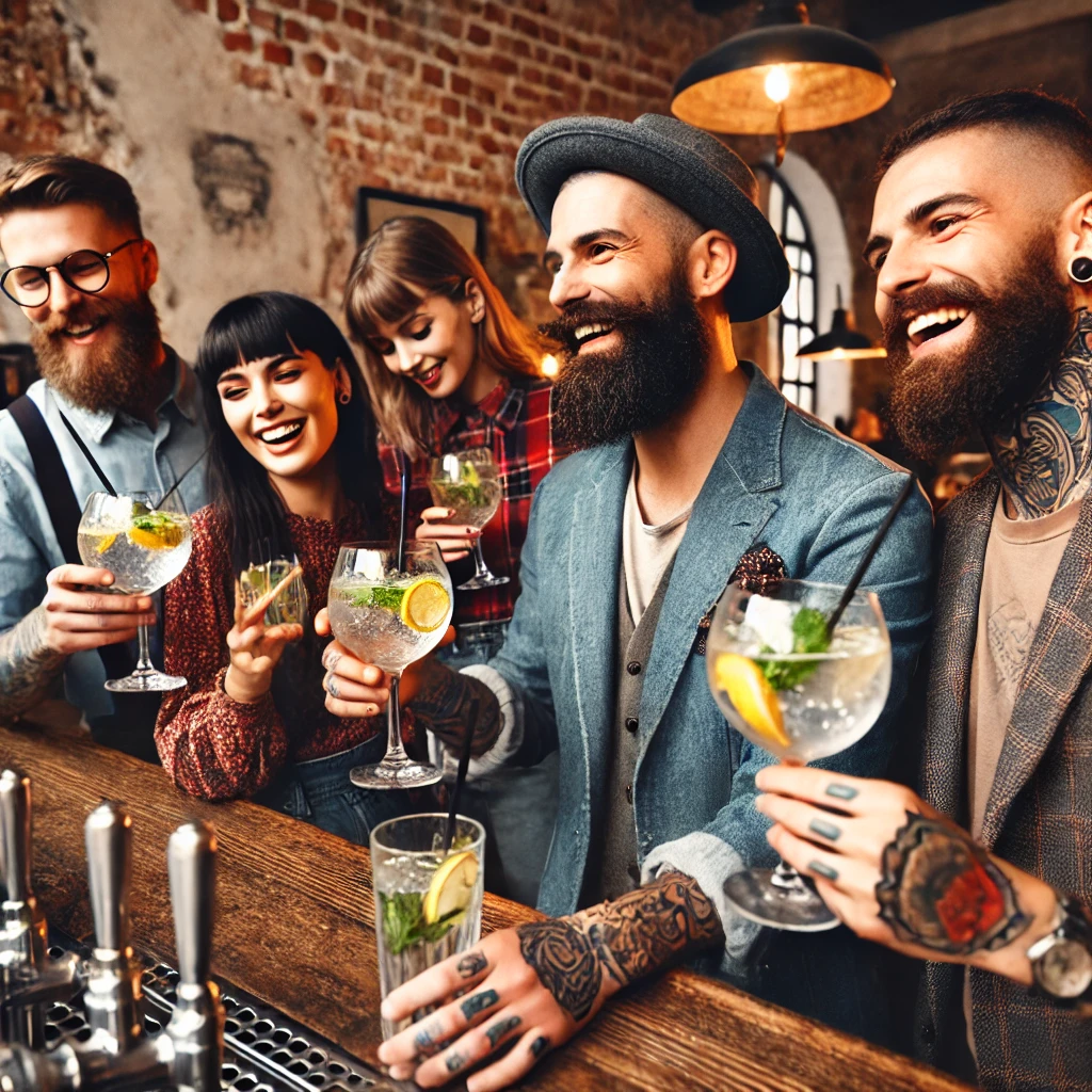 hipsters-gin-tonica A group of hipsters enjoying gin and tonic cocktails at a trendy bar. They are dressed in stylish, vintage-inspired clothing, with tattoos and beards
