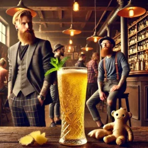 hipsters ingleses bebendo ginger beer Ginger beer em um copo alto com gengibre e hortelã, em um bar hipster com interiores de madeira e lâmpadas Edison. Modelos tatuados e com barbas ao fundo, vestindo roupas vintage.