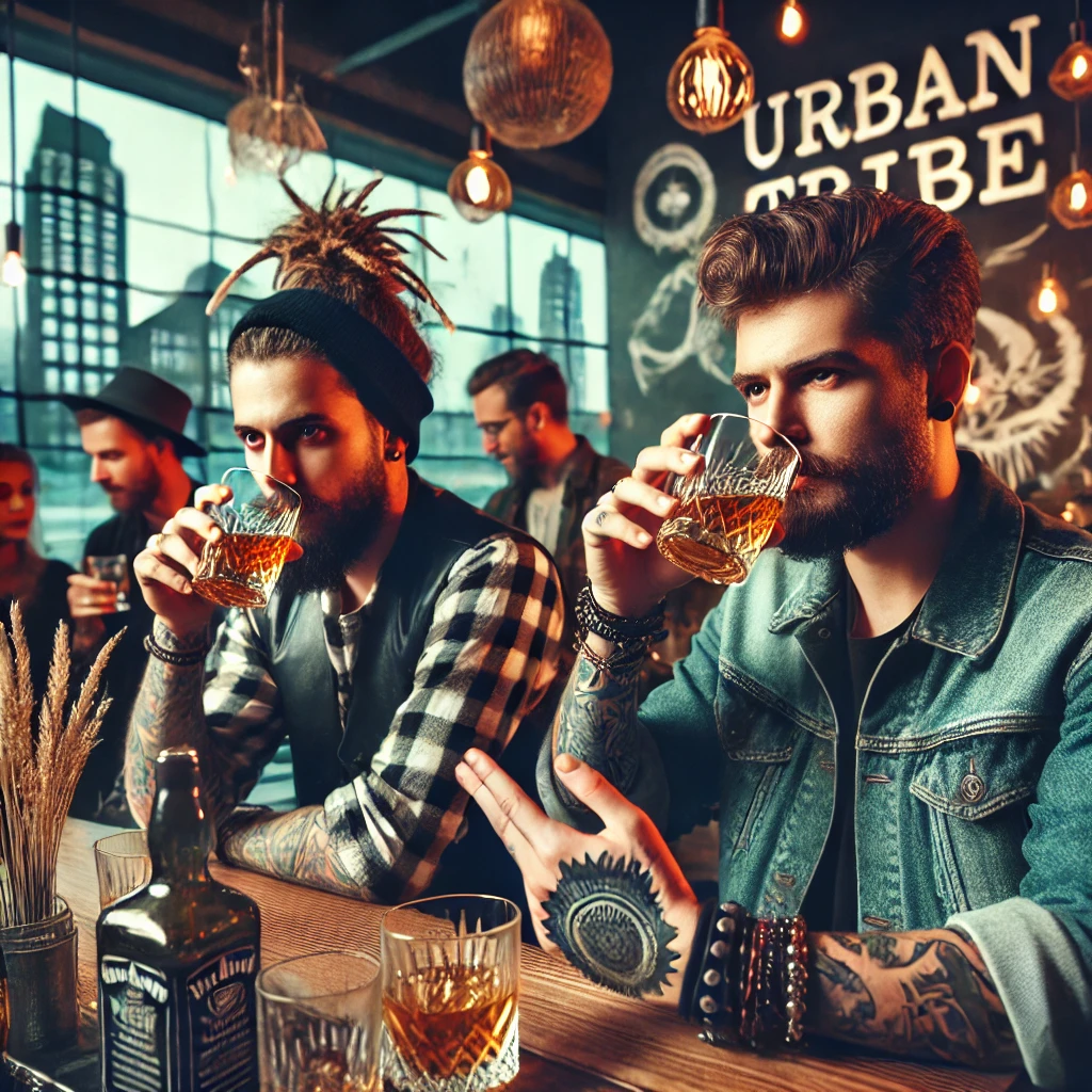 jovens-bebem-uisque Urban tribe members, such as hipsters or punks, enjoying whiskey in a modern, trendy bar setting, reflecting the blend of tradition and modernity in whiskey culture.