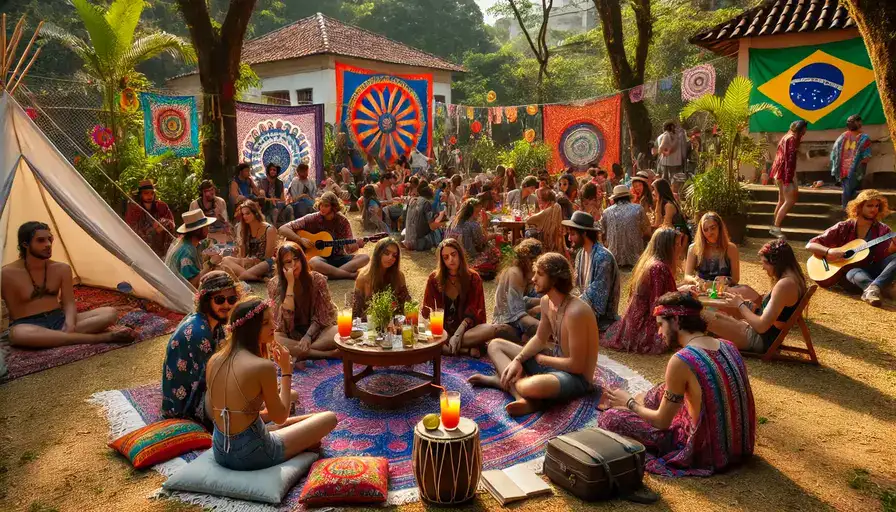 Estudantes universitários de humanas, boêmios e jovens místicos em uma festa ao ar livre. Eles estão sentados em círculos sobre tapetes e almofadas coloridas, vestindo roupas boêmias e místicas, enquanto desfrutam de coquetéis e conversam. O ambiente é adornado com tapeçarias vibrantes, bandeiras e cercado por vegetação e árvores, criando uma atmosfera acolhedora e comunitária sob o sol.