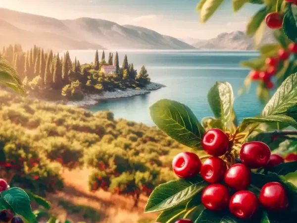 Ramos de cerejeiras com cerejas vermelhas em primeiro plano, um campo de oliveiras e ciprestes ao fundo, com uma casa à beira de um lago sereno, cercado por montanhas sob um céu azul claro