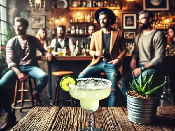 Taça Margarita com borda salgada e fatia de limão, em uma praia tropical com palmeiras ao fundo.
