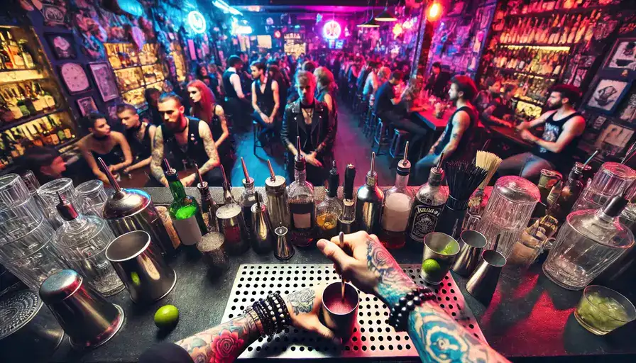 Visão do bartender preparando um coquetel em um bar alternativo, com uma multidão diversa de clientes ao fundo, incluindo punks, góticos, hipsters e ravers, em um ambiente decorado com luzes neon e elementos ecléticos.
