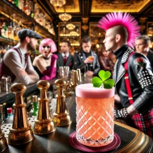 punks bebem clover club DALL·E 2024-07-28 16.57.00 - A close-up shot of a Clover Club cocktail, a pink and frothy drink, placed on a luxurious bar counter. In the background, the bar has a lively