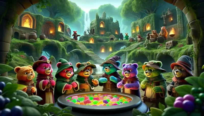 six colorful, anthropomorphic bears making drinks
