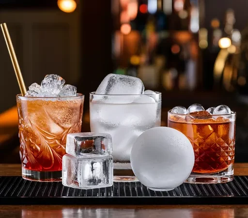 Fotografia 4K mostrando a visão do bartender com um balcão organizado contendo cubos de gelo padrão, gelo triturado, cubos de gelo gigantes e esferas de gelo em recipientes de vidro, com um bar bem decorado ao fundo.