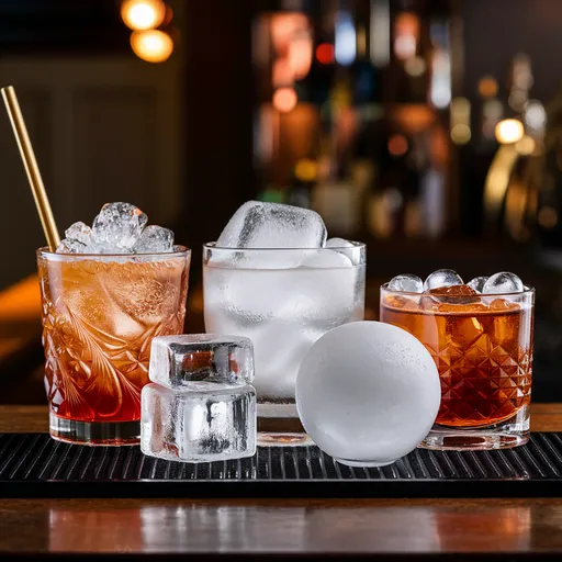 Fotografia 4K mostrando a visão do bartender com um balcão organizado contendo cubos de gelo padrão, gelo triturado, cubos de gelo gigantes e esferas de gelo em recipientes de vidro, com um bar bem decorado ao fundo.
