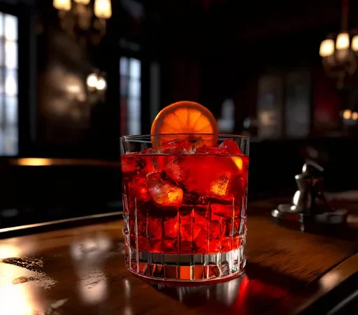 A_Negroni_cocktail_in_a_classic_bar Um coquetel Negroni