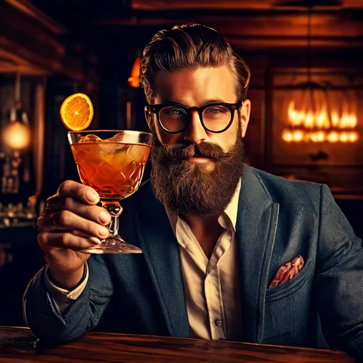 A_hipster_sipping_a_Manhattan_cocktail_in_a_vintage_coupe_glass