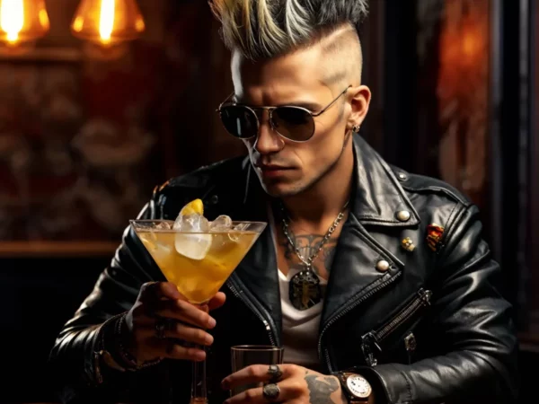Homem punk com moicano loiro e preto, jaqueta de couro e óculos escuros, segurando uma taça de Manhattan em um bar de iluminação quente, com anéis e pulseiras complementando seu visual rebelde.
