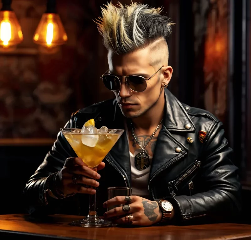 Homem punk com moicano loiro e preto, jaqueta de couro e óculos escuros, segurando uma taça de Manhattan em um bar de iluminação quente, com anéis e pulseiras complementando seu visual rebelde.