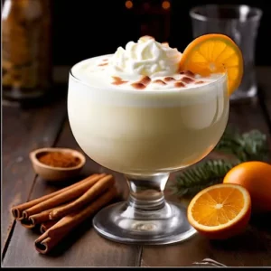 Baltimore_Eggnog_cocktail Coquetel cremoso em taça grande, decorado com fatia de laranja e canela em pó, em uma mesa de madeira.