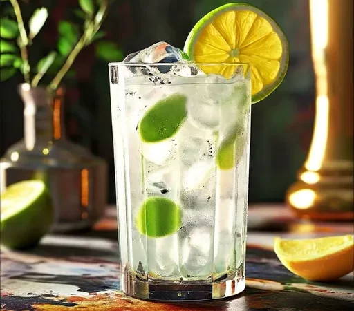 Coquetel Gin Fizz com fatias de limão em copo alto, sobre mesa colorida.