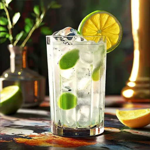Coquetel Gin Fizz com fatias de limão em copo alto, sobre mesa colorida.