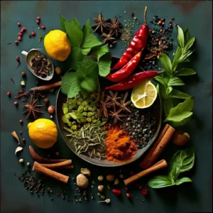 Infusoes_de_ervas_e_especiarias_Boticario_ Uma variedade de especiarias, ervas e ingredientes em uma superfície escura, incluindo limões, pimenta-vermelha, anis-estrelado, zimbro, folhas verdes e outros.