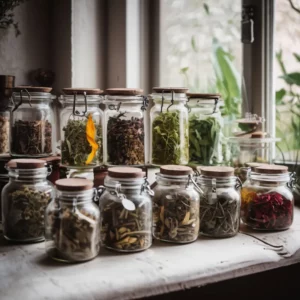 Uma variedade de potes de vidro contendo ervas e especiarias secas, organizados em uma prateleira perto de uma janela com vista para plantas verdes.