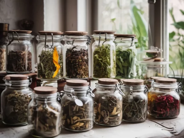 Uma variedade de potes de vidro contendo ervas e especiarias secas, organizados em uma prateleira perto de uma janela com vista para plantas verdes.