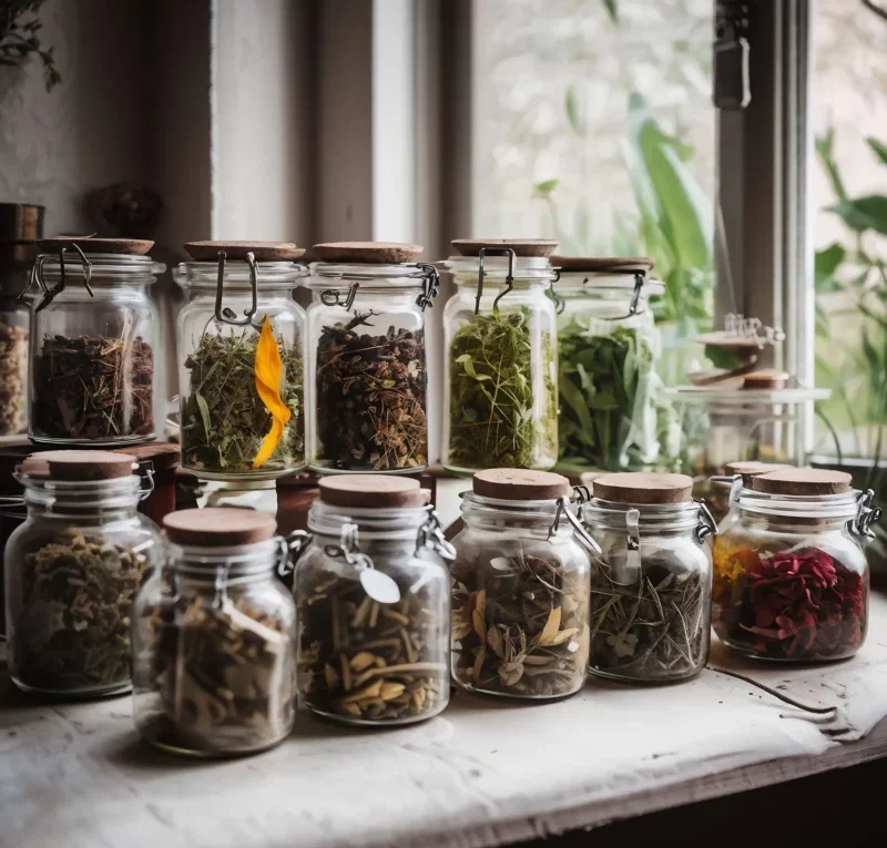 Uma variedade de potes de vidro contendo ervas e especiarias secas, organizados em uma prateleira perto de uma janela com vista para plantas verdes.