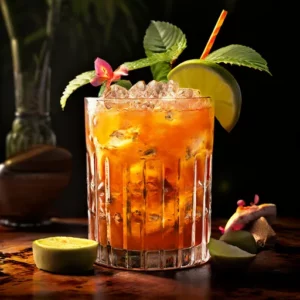 Mai_Tai_o_drink Um copo de coquetel decorado com fatias de limão, uma flor e folhas verdes.