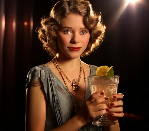 Mulher com estilo dos anos 1920, usando um vestido elegante e colar de pérolas, segurando um coquetel em uma taça vintage, em um ambiente com iluminação suave e nostálgica, evocando a era de Mary Pickford.