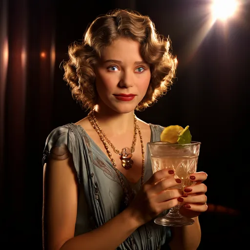 Mulher com estilo dos anos 1920, usando um vestido elegante e colar de pérolas, segurando um coquetel em uma taça vintage, em um ambiente com iluminação suave e nostálgica, evocando a era de Mary Pickford.