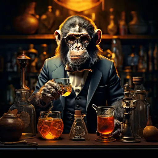 Chimpanzé vestido de terno e gravata borboleta, usando óculos redondos, segurando um coquetel em um bar elegante, cercado por frascos e vidros que lembram um laboratório. A imagem é uma referência humorística ao coquetel "Monkey Gland".