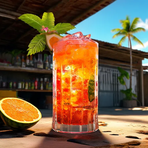 Coquetel cítrico servido em um copo alto com gelo, decorado com uma fatia de laranja e folhas tropicais, em um ambiente tropical ao ar livre com palmeiras ao fundo.